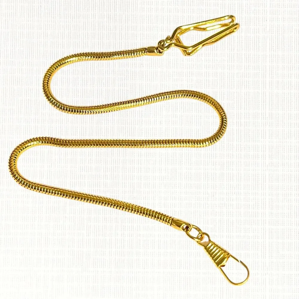 Gold Tone Pocket Watch Chain 15 inch Snake Attachment Clip Connector Holder Mens